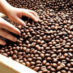 "Coffee beans being sorted, showing Arabica and Robusta types, with different processing methods (washed, natural, honey) visible."