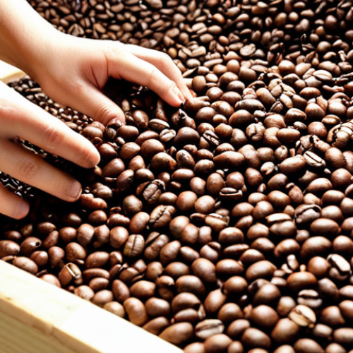 "Coffee beans being sorted, showing Arabica and Robusta types, with different processing methods (washed, natural, honey) visible."