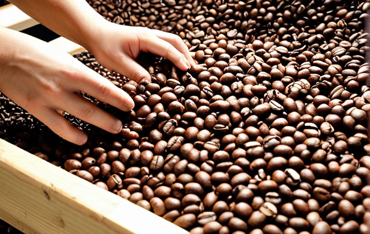 "Coffee beans being sorted, showing Arabica and Robusta types, with different processing methods (washed, natural, honey) visible."