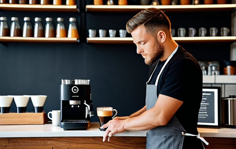 **Prompt 1: The Evolving Barista**
    A professional male barista in a modest, dark apron over a crisp white shirt, expertly preparing coffee in a clean, well-lit modern coffee shop. He stands confidently between a traditional espresso machine and a modern pour-over brewing station, symbolizing the evolution of the barista role. His focus is on the craft, demonstrating perfect anatomy, correct proportions, and a natural pose. The background features warm lighting and subtle wooden textures. fully clothed, appropriate attire, professional dress, safe for work, appropriate content, family-friendly, well-formed hands, proper finger count, natural body proportions, high-quality photography, sharp focus.
