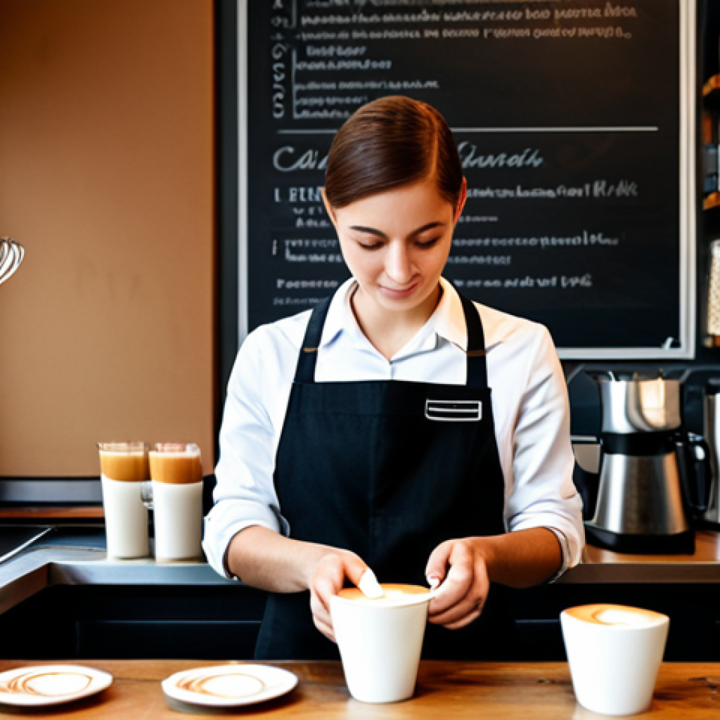 바리스타 일과 삶의 균형 - **"A professional Barista, fully clothed in a modest café uniform, preparing a latte art design, saf...