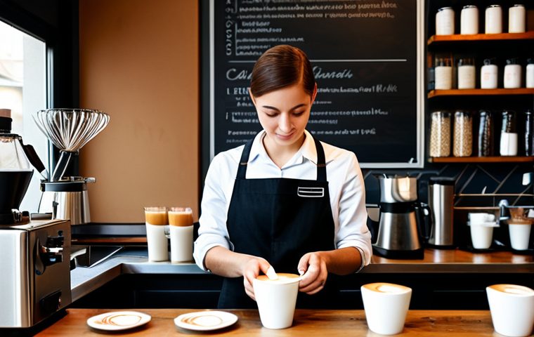바리스타 일과 삶의 균형 - **"A professional Barista, fully clothed in a modest café uniform, preparing a latte art design, saf...