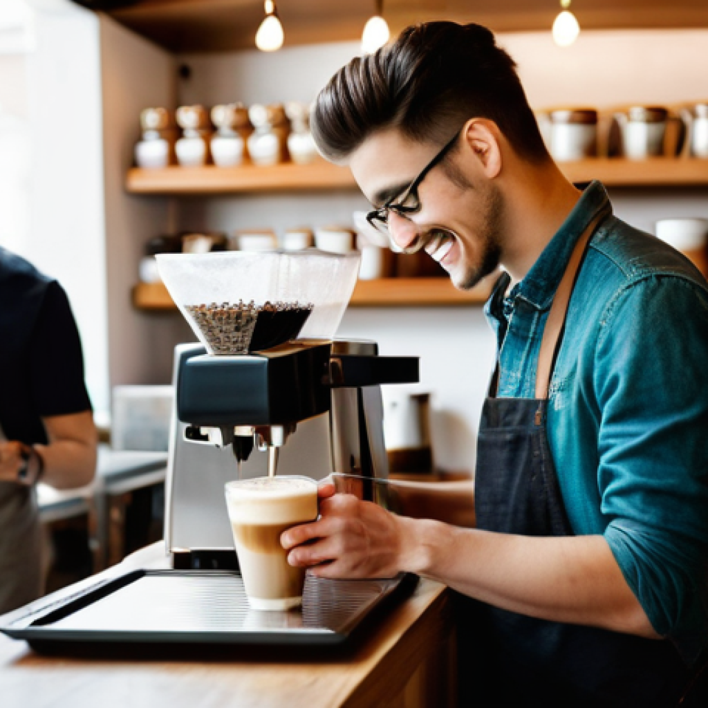 바리스타 자격증과 커피 대회 준비 - **Prompt:** "A vibrant, wide-angle shot of a young adult, around 20-25 years old, with an expression...