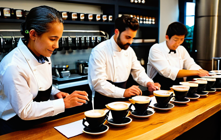 바리스타 자격증과 커피 대회 준비 - **Prompt:** "A close-up, dynamic shot of a professional barista, male or female, in a clean, stylish...