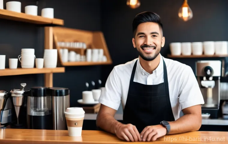 바리스타 자격증 실기 시험에서 자주 나오는 실수 - **Prompt:** A dynamic, mid-shot of a focused barista, wearing a simple, clean cafe shirt, expertly s...