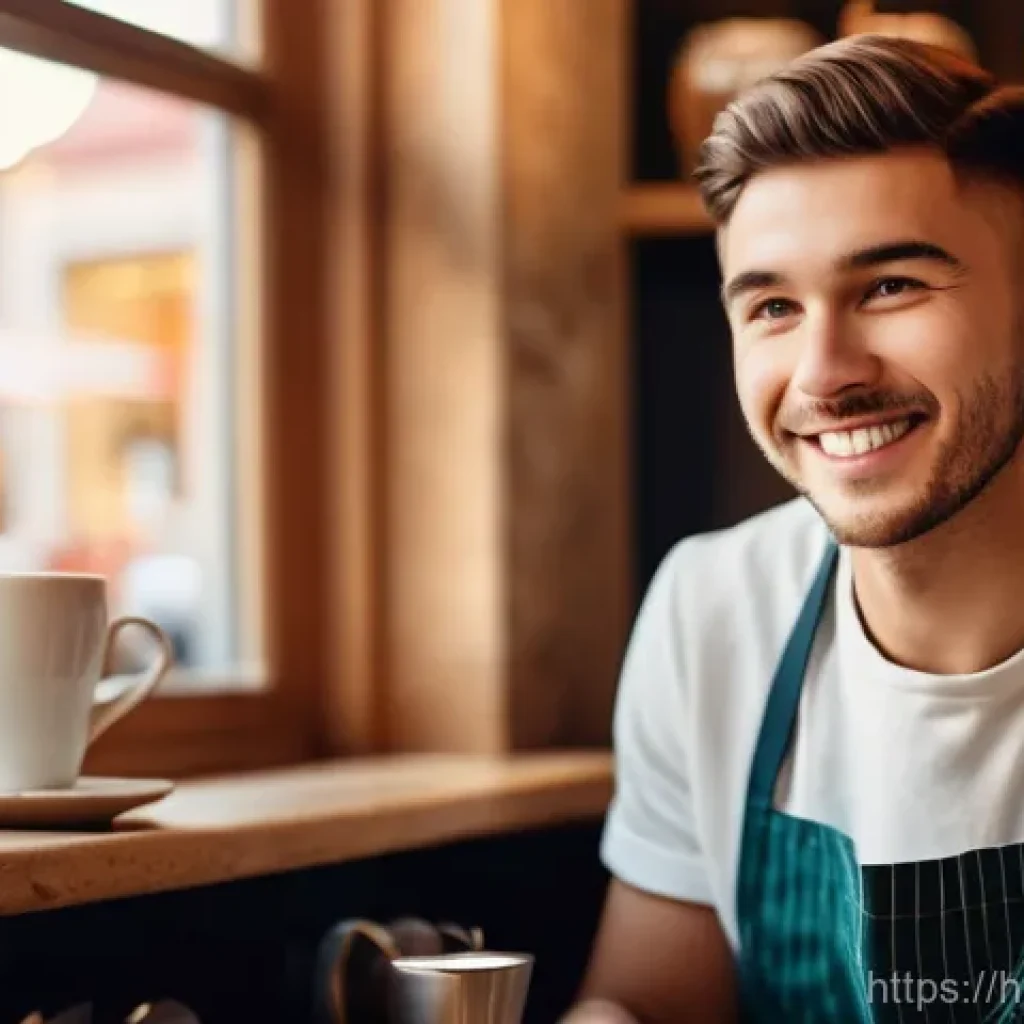 바리스타 자격증과 건강 관리 - **Prompt:** A close-up, warm-toned photograph showcasing a young, enthusiastic barista in a cozy, ru...