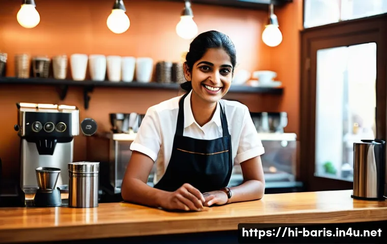 바리스타 자격증과 관련된 법규 - **Prompt:** A confident and skilled Indian barista, a woman in her early 30s, expertly preparing a p...