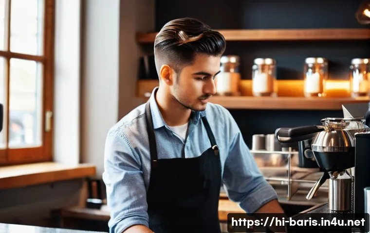 바리스타 업무 일지 작성 방법 - **Prompt 1: Focused Barista Documenting Learnings**
    "A young, professional barista, wearing a cl...