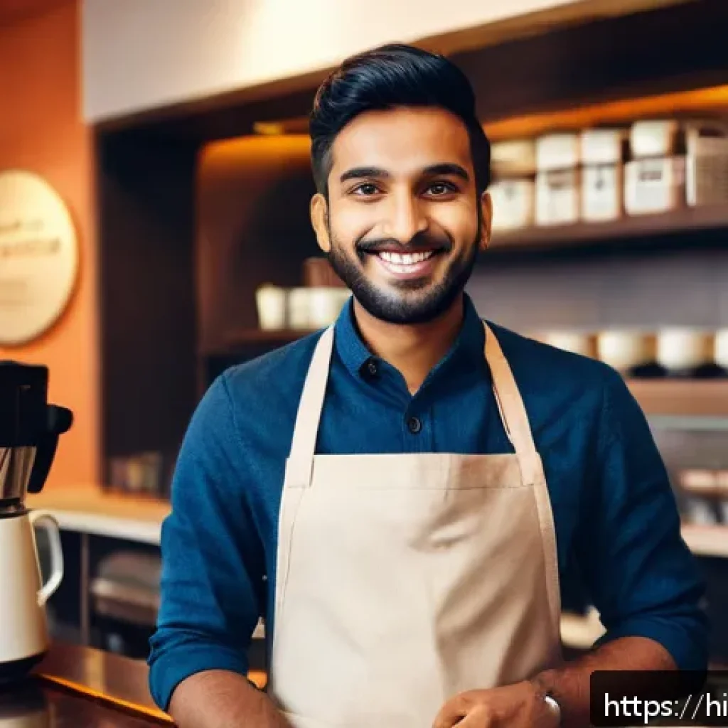 바리스타 연봉 인상 협상 성공 사례 - A confident Indian barista in a modern coffee shop setting, wearing a neat apron and casual shirt, e...