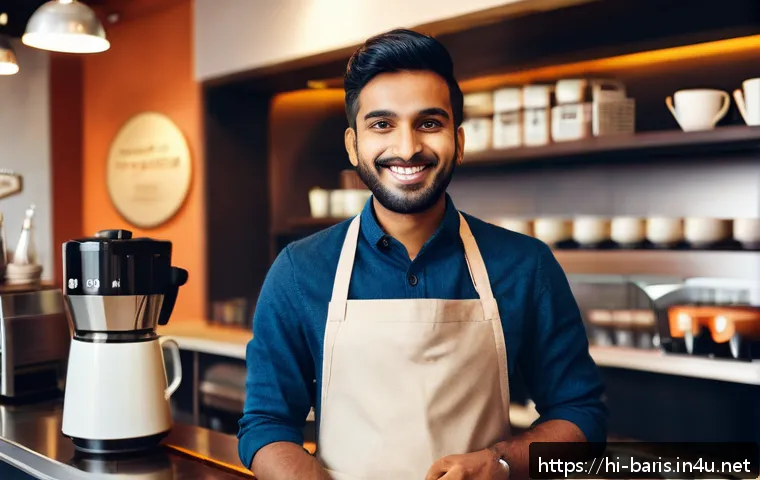 바리스타 연봉 인상 협상 성공 사례 - A confident Indian barista in a modern coffee shop setting, wearing a neat apron and casual shirt, e...