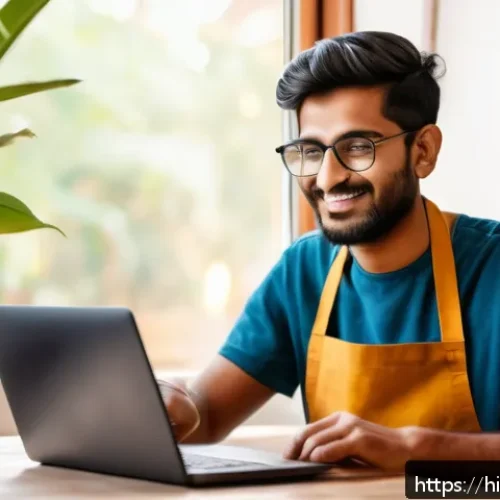 Home 15 바리스타 자격증 온라인 강의 추천 - A cozy home setting with a young Indian adult learning to make coffee using a laptop for an online B...