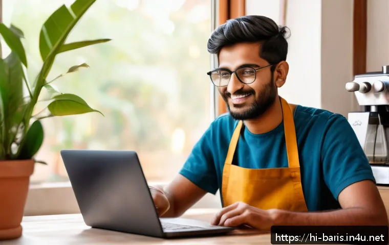 바리스타 자격증 온라인 강의 추천 - A cozy home setting with a young Indian adult learning to make coffee using a laptop for an online B...