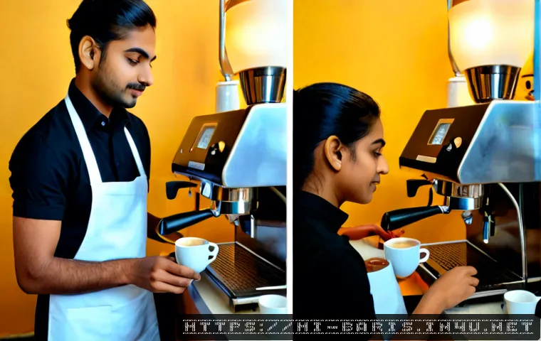 바리스타 자격증 난이도 분석 - Photorealistic split-scene comparison of an Indian barista trainee: on the left, confidently practic...